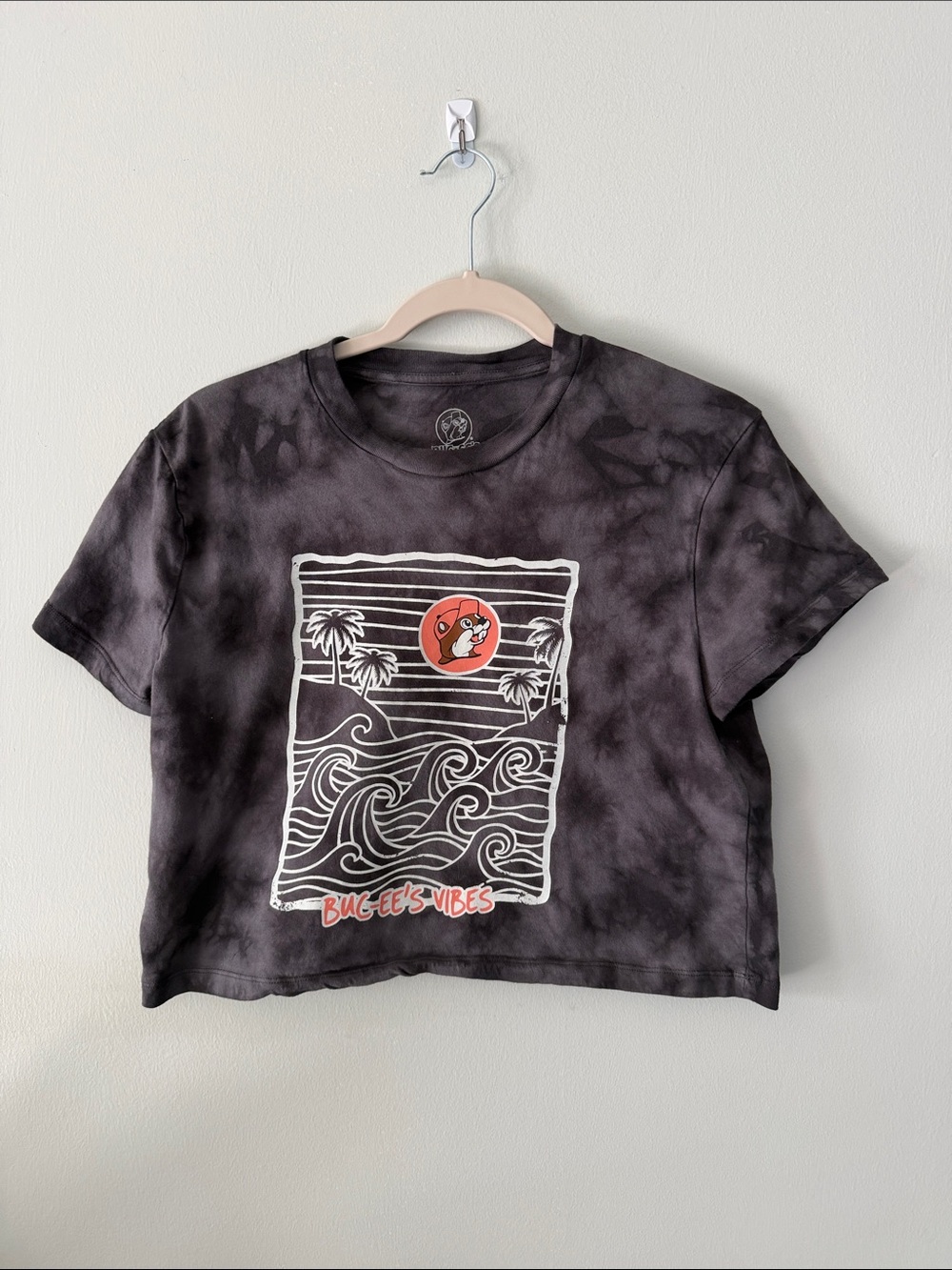 Kids Black Tie-Dye Crop Tee with Surf Graphic